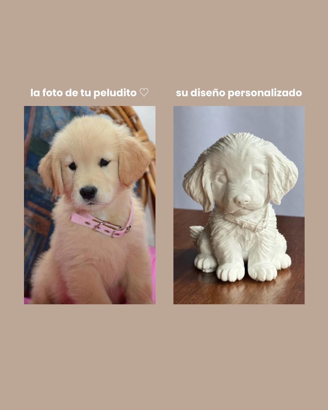 Comparación completa: foto de un cachorro dorado con collar rosa a la izquierda y su figura blanca personalizada a la derecha